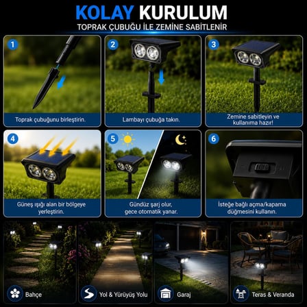 Coverzone Solar Bahçe Lambası 2W SMD Led, Toprak Çubuklu, Güneş Enerjili Bahçe Aydınlatma