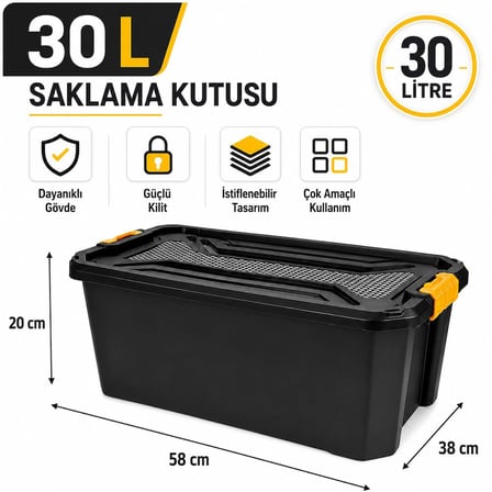 30 Litre Sert Plastik Tek Bölmeli Organizer Kutu, Saklama Kabı - Ev Araba Saklama Kutusu