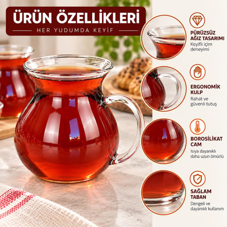 Orret Home Keyfi Ala 6'lı Borosilikat Cam Çay Bardağı Seti, 200ml Termisil Kupa, Şık ve Dayanıklı