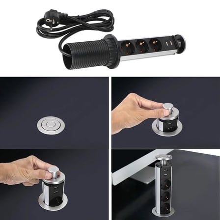 Manuel Asansörlü gizlenebilir gömme tip Grup Priz 16A 1.8 Metre Kablolu 2 USB’Li 3’Lü Grup Priz Ev