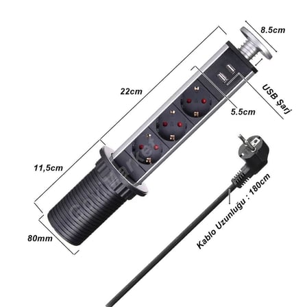 Manuel Asansörlü gizlenebilir gömme tip Grup Priz 16A 1.8 Metre Kablolu 2 USB’Li 3’Lü Grup Priz Ev