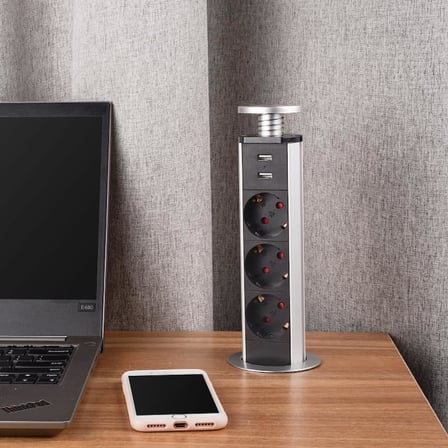 Manuel Asansörlü gizlenebilir gömme tip Grup Priz 16A 1.8 Metre Kablolu 2 USB’Li 3’Lü Grup Priz Ev