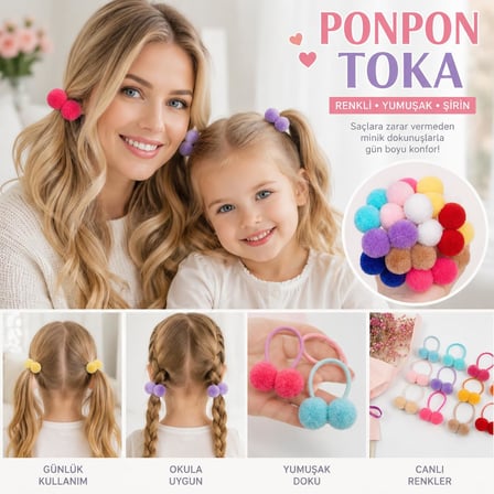 Çocuk Renkli Ponpon Toka 10’Lu, Kadın Çocuk Mandal Toka, Lastik Toka Seti Kız Çocuk Toka