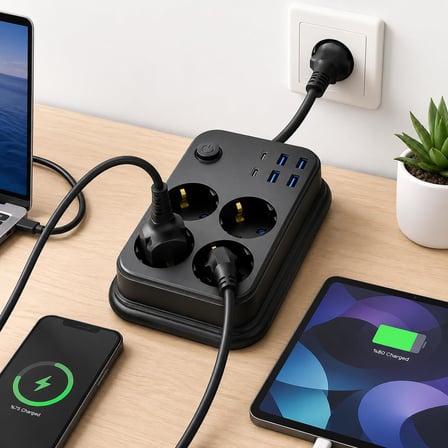 Coverzone Termal Akım Korumalı Uzatma Kablosu 4 Priz 4 USB 2 Type-C 2500W 10A Çocuk Korumalı Kısa