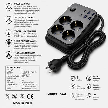 Coverzone Termal Akım Korumalı Uzatma Kablosu 4 Priz 4 USB 2 Type-C 2500W 10A Çocuk Korumalı Kısa