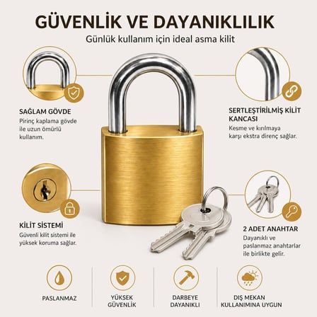 Orret Home 32 mm Pirinç Gövdeli Asma Kilit Anahtarlı Kilit Paslanmaz Çelik Kanca Orta Boy Güvenlik