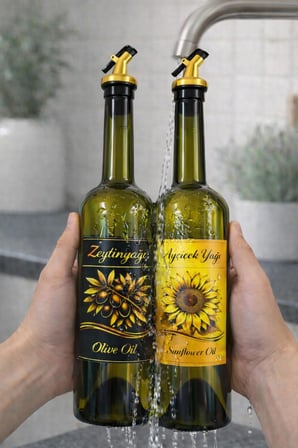 Zeytinyağı ve Ayçiçek Yağı Şişesi Seti, Altın Etiket ve Yağdanlık Aparatlı, 750 ml, 2 Adet