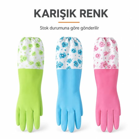 Uzun Kollu Bulaşık ve Temizlik Eldiveni, Çiçek Desenli Su Sıçramasına Karşı Kol Koruyucu Eldiven