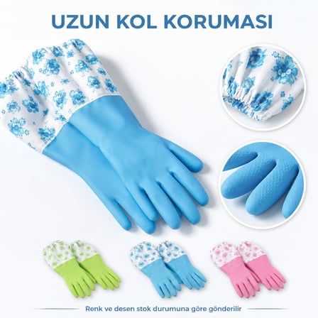 Uzun Kollu Bulaşık ve Temizlik Eldiveni, Çiçek Desenli Su Sıçramasına Karşı Kol Koruyucu Eldiven