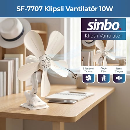 Sinbo SF-7707 Klipsli Mini Vantilatör, Sessiz Fan, Güçlü Tutuşlu Klips, Ayarlanabilir Başlık