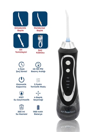 PiranTech AquaDent Pro Şarjlı Ağız Duşu | 4 Başlıklı Diş Arası Temizleme Cihazı