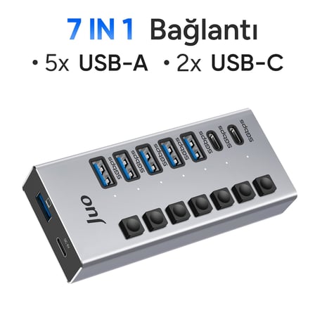 Juo USB-A 7 Portlu Anahtarlı 5*USB-A 2*Type-C 5Gbps USB 3.1 Çoklayıcı Dönüştürücü Hub