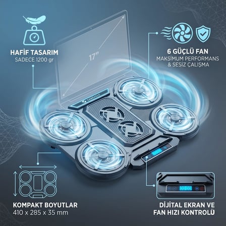 Gameagle 6 Fanlı RGB Notebook Soğutucu, 9-17 İnç Laptop Uyumlu, 7 Kademeli Yükseklik Ayarı