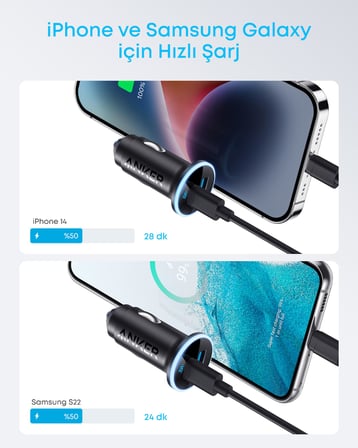 Anker 323 52.5W Çakmak Girişli USB-C Araç Şarj Cihazı, PowerIQ 3.0 Hızlı Şarj, Siyah - A2735