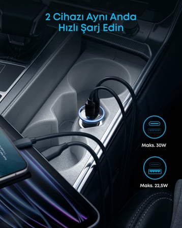 Anker 323 52.5W Çakmak Girişli USB-C Araç Şarj Cihazı, PowerIQ 3.0 Hızlı Şarj, Siyah - A2735