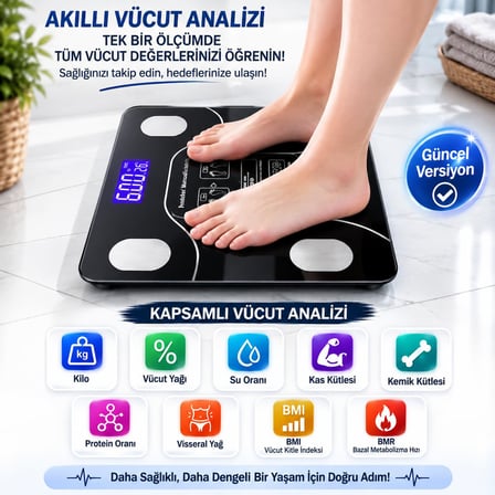Bluetooth Özellikli Akıllı Tartı, Vücut Analiz Baskülü, 180 kg Kapasiteli, LCD Ekranlı