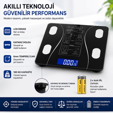 Bluetooth Özellikli Akıllı Tartı, Vücut Analiz Baskülü, 180 kg Kapasiteli, LCD Ekranlı