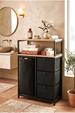 miyuhome 3 Çekmeceli Metal Kızaklı Çamaşır Sepeti 40 LT Kirli Sepeti 2 Raflı Banyo Dolabı Kirli