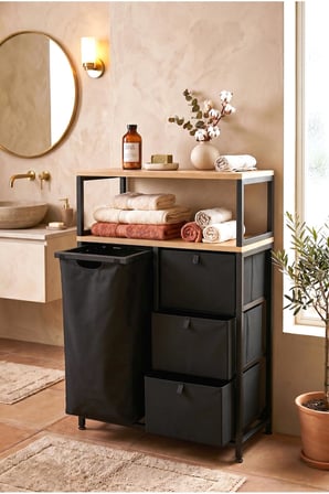 miyuhome 3 Çekmeceli Metal Kızaklı Çamaşır Sepeti 40 LT Kirli Sepeti 2 Raflı Banyo Dolabı Kirli