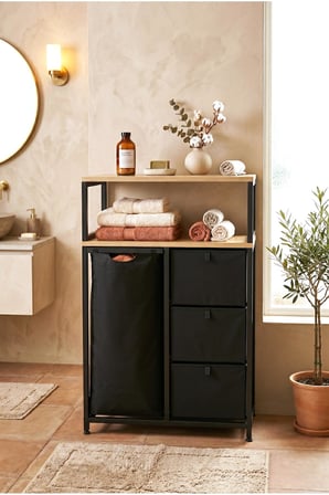 miyuhome 3 Çekmeceli Metal Kızaklı Çamaşır Sepeti 40 LT Kirli Sepeti 2 Raflı Banyo Dolabı Kirli