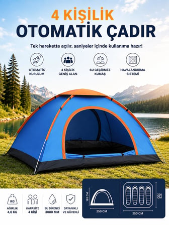 ROBEVE 4 Kişilik Tam Otomatik Kamp Çadırı 220 x 250 x 165 cm | Hızlı Kurulumlu Outdoor Çadır