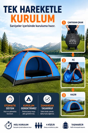 ROBEVE 4 Kişilik Tam Otomatik Kamp Çadırı 220 x 250 x 165 cm | Hızlı Kurulumlu Outdoor Çadır