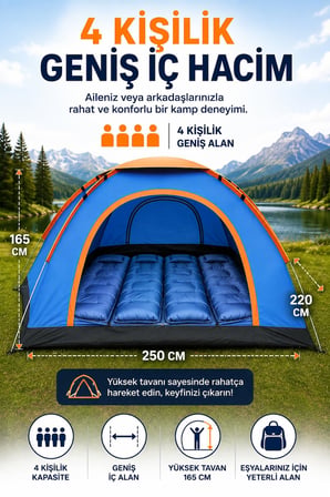 ROBEVE 4 Kişilik Tam Otomatik Kamp Çadırı 220 x 250 x 165 cm | Hızlı Kurulumlu Outdoor Çadır