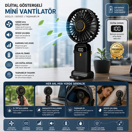 Dijital Göstergeli Mini Vantilatör, Şarjlı Masaüstü Vantilatör, Taşınabilir 12000 Rpm El Fanı