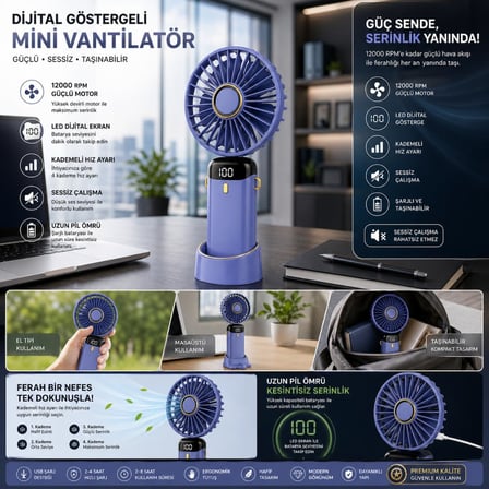 Dijital Göstergeli Mini Vantilatör, Şarjlı Masaüstü Vantilatör, Taşınabilir 12000 Rpm El Fanı