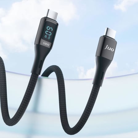 Juo 60W Dijital Led Ekranlı Örgülü USB Type-C to Type-C Hızlı Şarj ve Data Kablosu 1 Metre