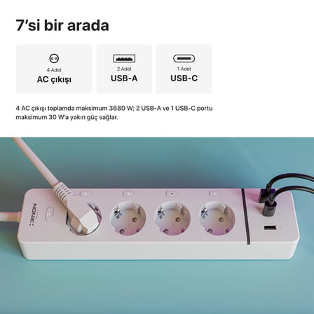Xenon Smart Akıllı Çoklu Priz Wi-Fi 4 AC Çıkışlı 2 USB-A ve 1 USB-C Portlu 7in1 180 cm Kablo Google