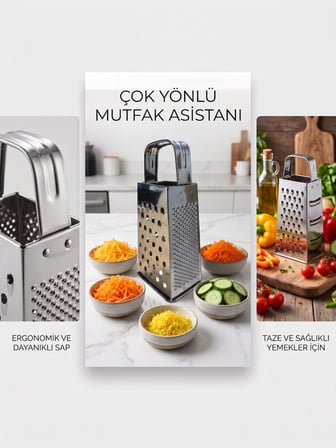 Paslanmaz Çelik 4'ü 1 Arada Rende, Kompakt Tasarım, 18x8x6 cm, Peynir Sebze ve Meyve Rendesi