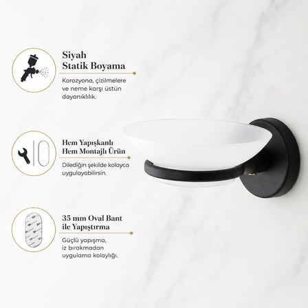 Alper Banyo Sabunluk Siyah, Duvar Tipi, Metal, Yapışkanlı ve Vidalı Montaj