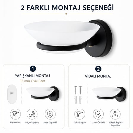 Alper Banyo Sabunluk Siyah, Duvar Tipi, Metal, Yapışkanlı ve Vidalı Montaj