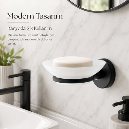 Alper Banyo Sabunluk Siyah, Duvar Tipi, Metal, Yapışkanlı ve Vidalı Montaj