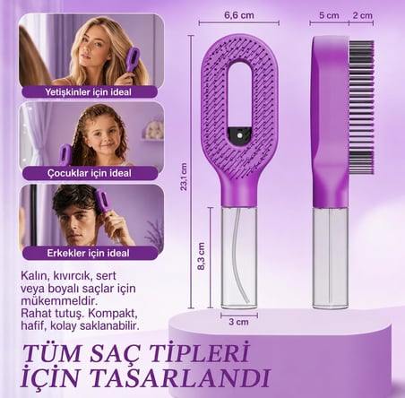 Premium Su Hazneli Sprey Saç Fırçası 50 ml | Tek Tuşla Su Püskürtmeli Saç Tarağı
