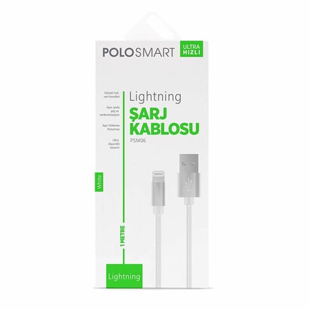 Polosmart PSM06 1 Metre Beyaz Lightning Hızlı Şarj Kablosu,Beyaz