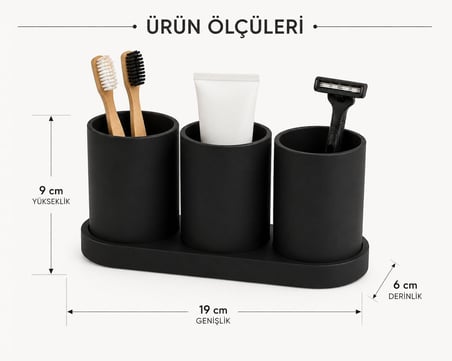 Lexroo 3 Bölmeli Diş Fırçası Organizeri, 19x6x9 cm, Mat Siyah