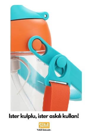 Lexroo Uzspace 500ml Askılı Kulplu Pipetli Tritan Çocuk Su Matarası (Turuncu-Mavi)