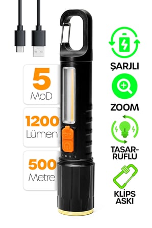 Şarjlı EL Feneri 5 MOD Karabina Askılı COB LED Kamp Lambası Acil Durum Işığı 7149