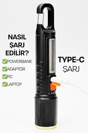 Şarjlı EL Feneri 5 MOD Karabina Askılı COB LED Kamp Lambası Acil Durum Işığı 7149