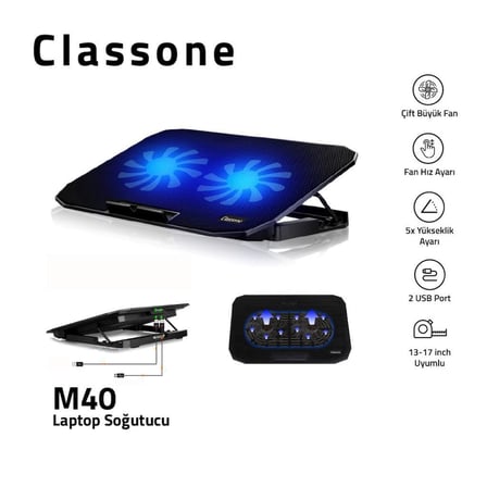 Classone M40 Gaming Laptop Soğutucu Notebook Standı, Mavi Led,14-15.6-17 inch uyumlu, 2 Fan, 2 Usb