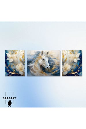 Gaagart 3Lü Kanvas Şık Salon Duvar Tablosu Modern Soyut Mavi Beyaz At, 30 X 40