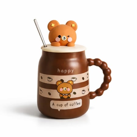 Coverzone Sevimli Ayıcık Figürlü Kapaklı Seramik Mug 300ml Kahve Kupası Kaşıklı Tasarım Kupa Ofis