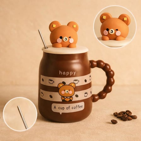 Coverzone Sevimli Ayıcık Figürlü Kapaklı Seramik Mug 300ml Kahve Kupası Kaşıklı Tasarım Kupa Ofis