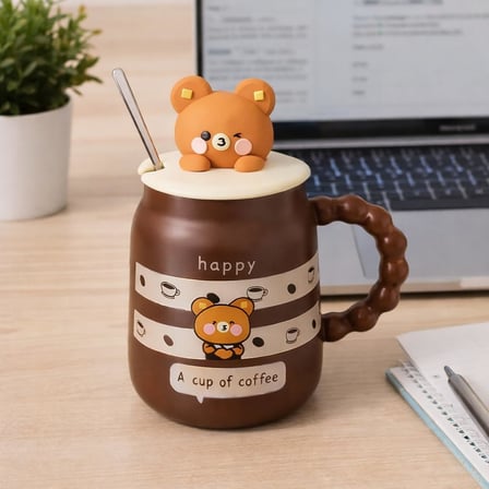 Coverzone Sevimli Ayıcık Figürlü Kapaklı Seramik Mug 300ml Kahve Kupası Kaşıklı Tasarım Kupa Ofis