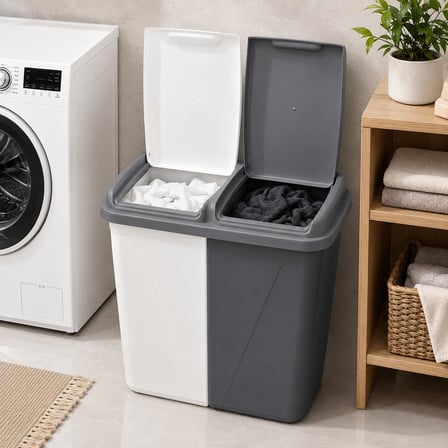 90 Litre Çift Bölmeli Kirli Çamaşır Sepeti | 2 x 45 L Kapasiteli | Kapaklı Plastik Çamaşır Sepeti