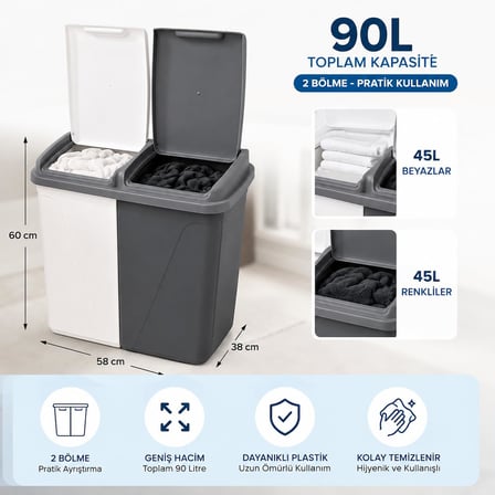 90 Litre Çift Bölmeli Kirli Çamaşır Sepeti | 2 x 45 L Kapasiteli | Kapaklı Plastik Çamaşır Sepeti