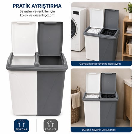 90 Litre Çift Bölmeli Kirli Çamaşır Sepeti | 2 x 45 L Kapasiteli | Kapaklı Plastik Çamaşır Sepeti