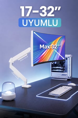 Tek Kollu Monitör Kolu VESA Uyumlu Hareket Ayarlanabilir Monitör Standı 17-32" 9KG Kapasite Beyaz
